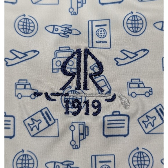 FootJoy FJ Men's Medium Polo Golf Shirt White Blue All Over Print Travel *LOGO* - Picture 6 of 10